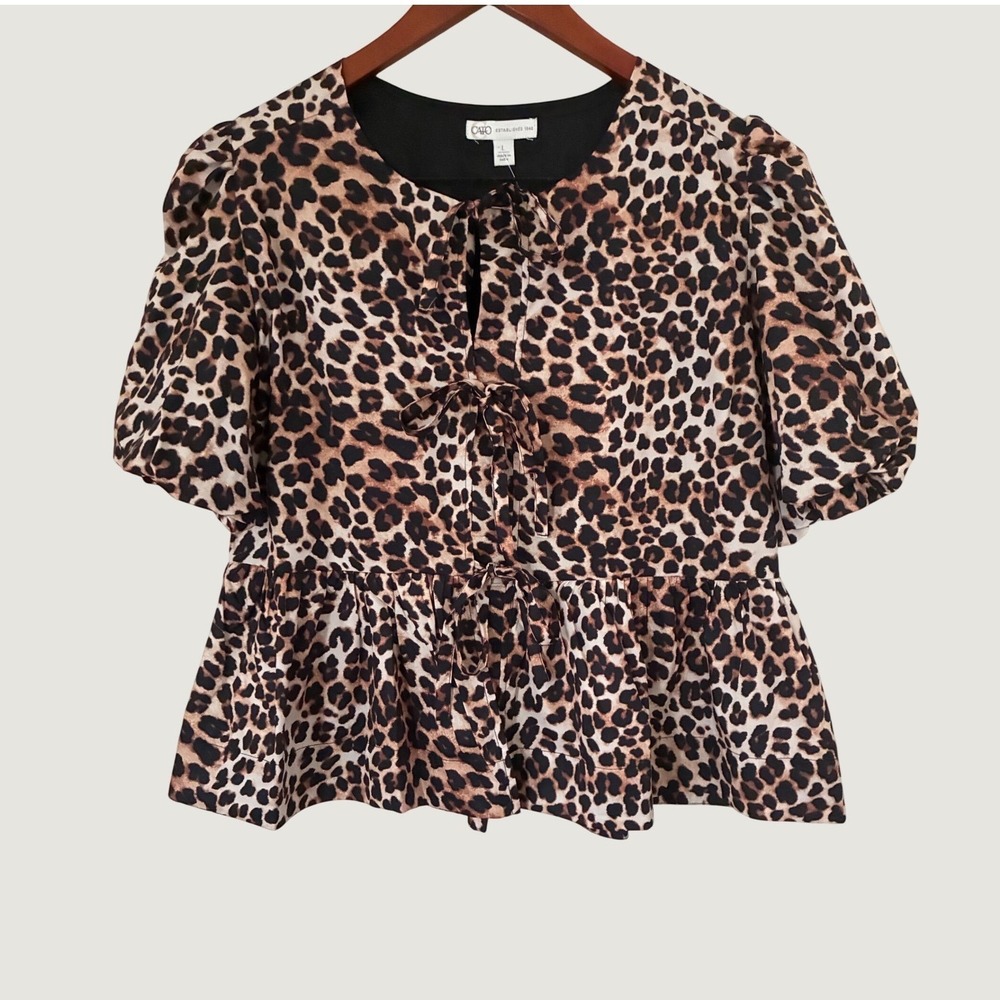 Cato Leopard Print Fall Tie Front Peplum Top Puff Sleeve Brown Tan Large NWT